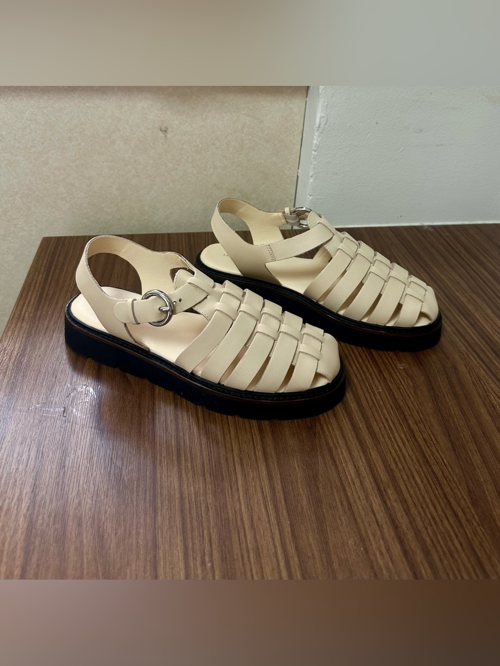 Anthropologie Cream Strappy Fisherman Sandals with Black Lug Sole